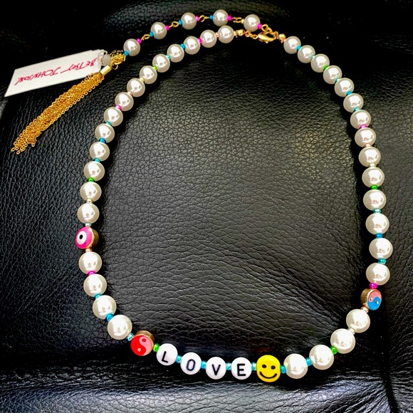 Betsey Johnson LOVE Pearl Rainbow Gold Tone Tassel Extender Collar Necklace NWT - Picture 10 of 14